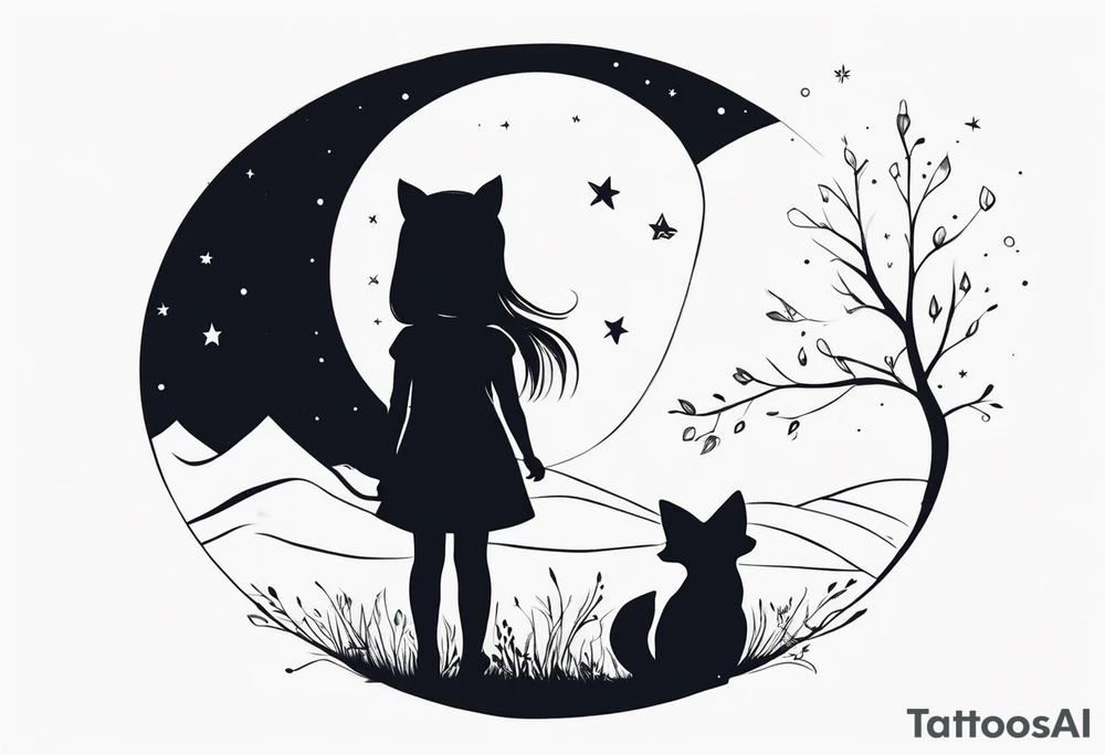 A little girl and a fox looking at the moon, we see them from behind tattoo idea