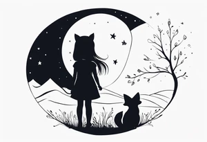 A little girl and a fox looking at the moon, we see them from behind tattoo idea