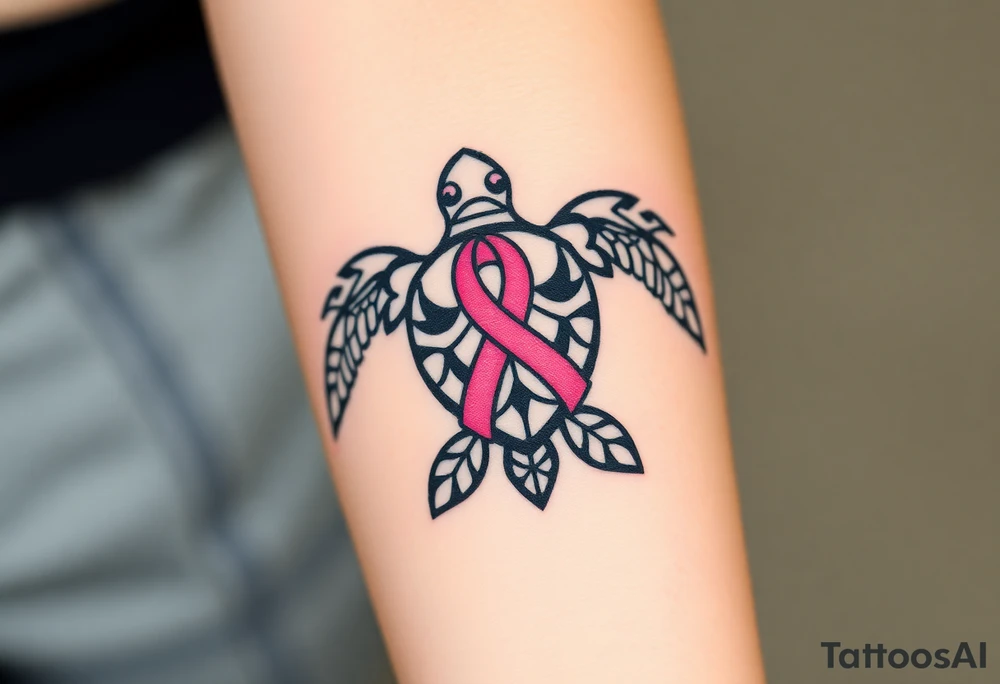 ‘I am here’ with breast cancer pink ribbon as I with Hawaiian theme sea turtle tattoo idea