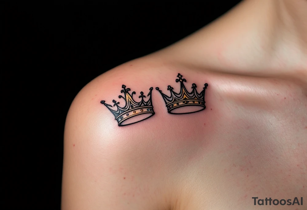Minimalist black king and queen crowns with gold and silver accents on the outer hands celebrate your royal bond. tattoo idea