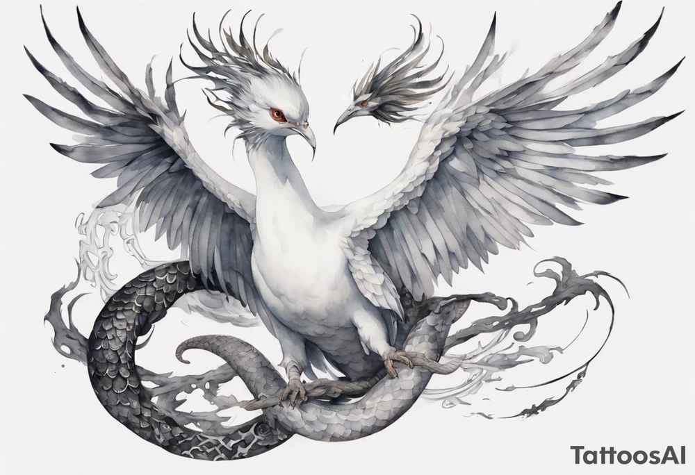a watercolor of a white bird-serpent hybrid wearing an iron crown, flying tattoo idea