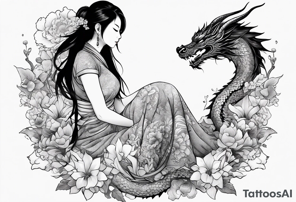 a profile of a girl sitting on flowers on her sideway, surrounded by asian dragon tattoo idea