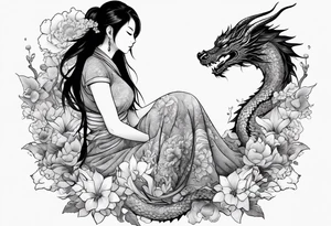 a profile of a girl sitting on flowers on her sideway, surrounded by asian dragon tattoo idea