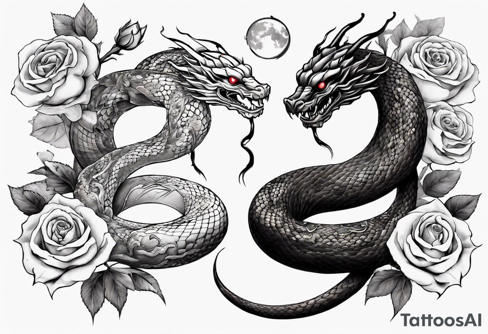 snake Japanese dragon with moon and roses tattoo idea