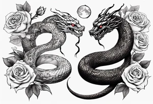 snake Japanese dragon with moon and roses tattoo idea
