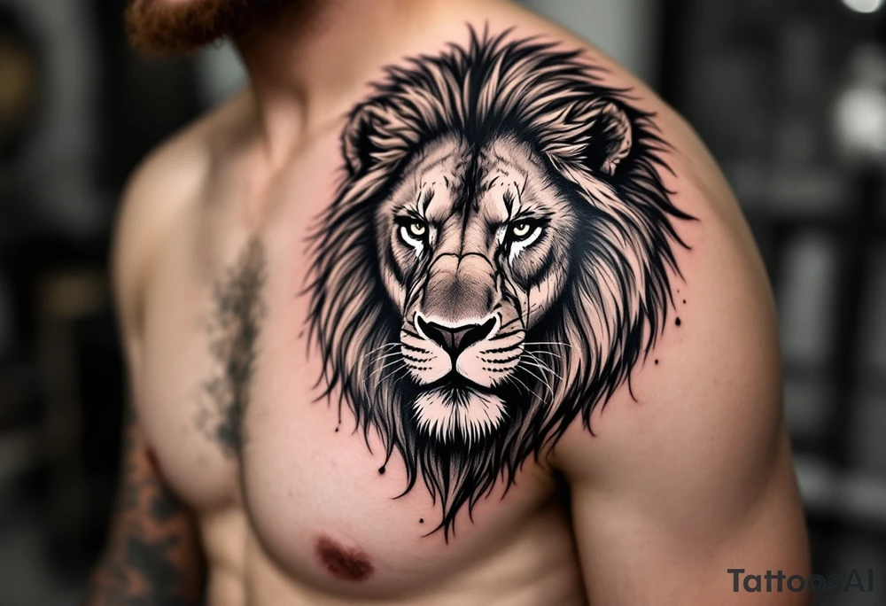 Dawson and dakota names integrated into a mean lion tattoo sleeve tattoo idea