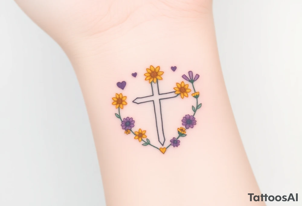 Yellow daisy Purple Hearts around a cross tattoo idea