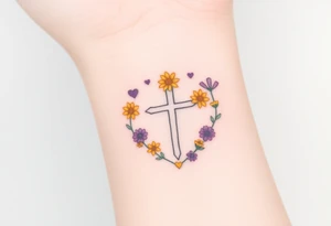 Yellow daisy Purple Hearts around a cross tattoo idea