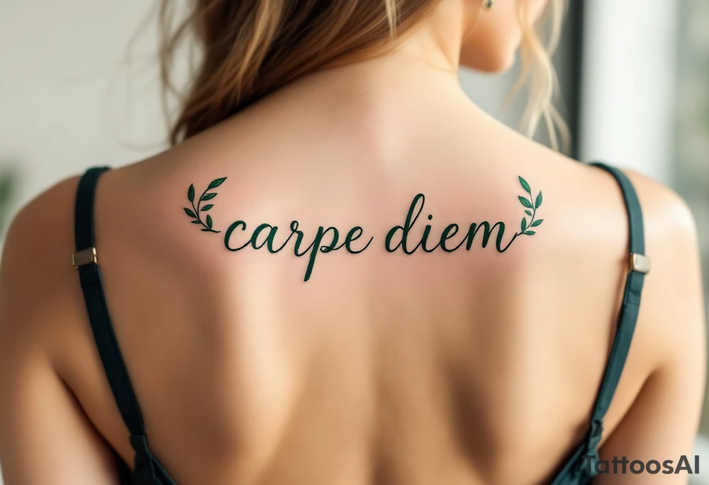 Elegant script "carpe diem" in deep forest green, framed by a wreath of olive branches. tattoo idea