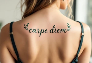 Elegant script "carpe diem" in deep forest green, framed by a wreath of olive branches. tattoo idea