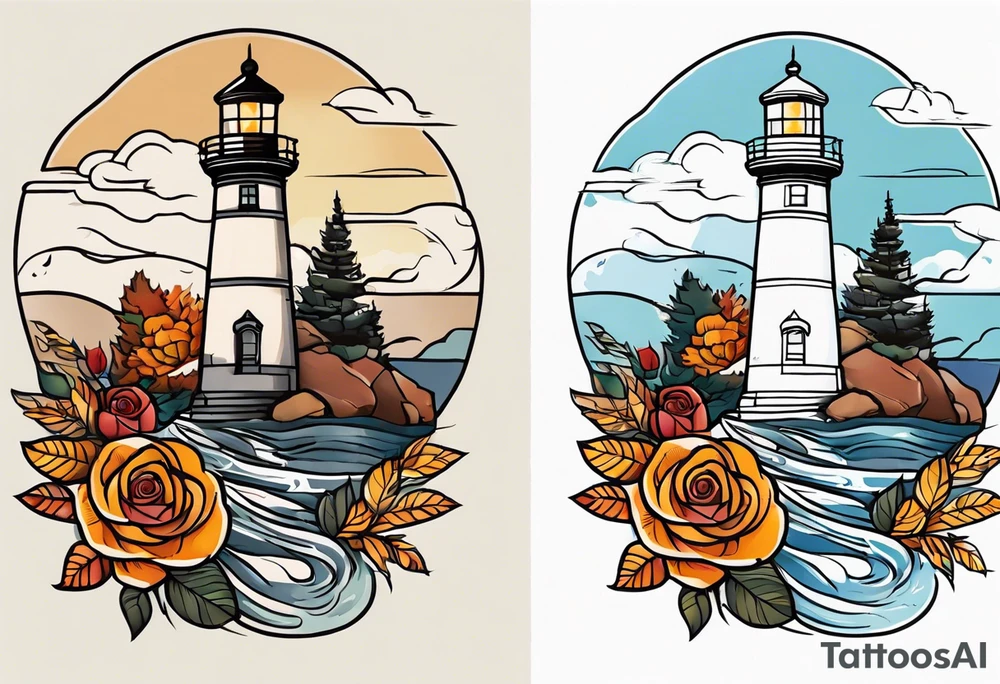 thigh tattoo in fall colors, showing lighthouse, water flow around rocks, sky, clouds, leaves, roses tattoo idea