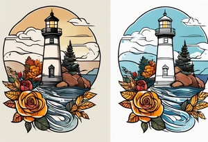 thigh tattoo in fall colors, showing lighthouse, water flow around rocks, sky, clouds, leaves, roses tattoo idea