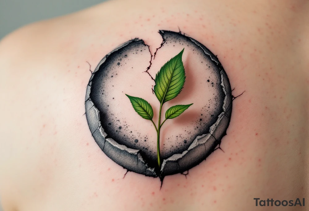 A broken circle in charcoal gray with a sprouting green leaf at the gap, symbolizing growth and renewal. tattoo idea