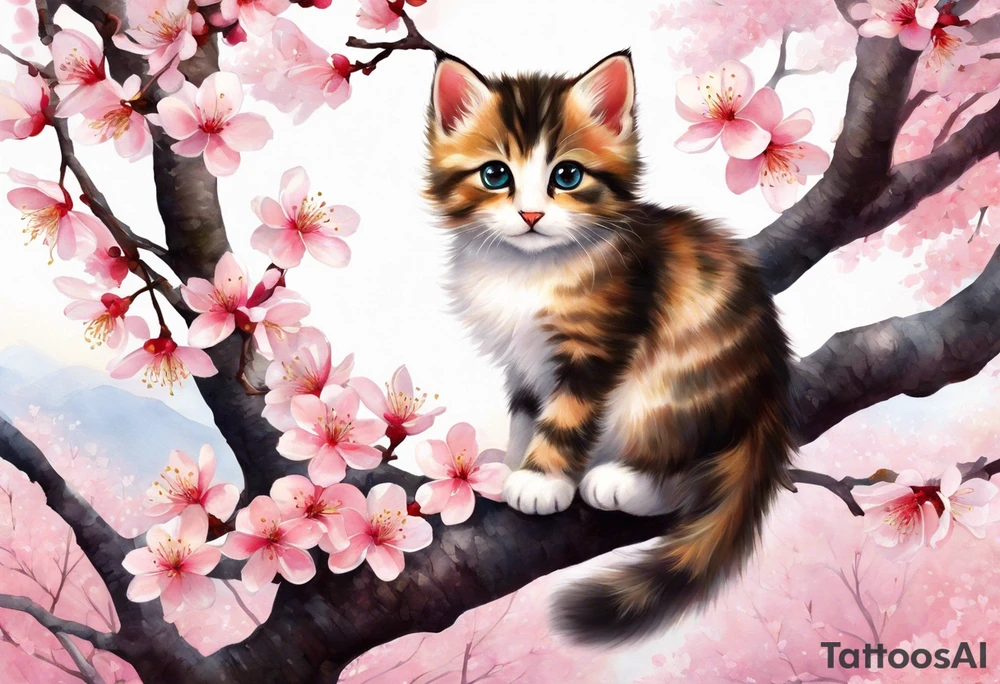 Generate a design to tatto on my biceps where a graceful pink cherry blossom tree extends vertically, occupying the full height of 15cm, with delicate blossoms scattered along its slender branches coloured with a watercolor effect. Nestled among the branches, a small, playful kitten is perched, gazing curiously outward. The kitten's fur can have intricate details, highlighting its softness and playfulness. Surrounding the kitten and the tree, some petals could be gently falling, adding a dynamic and serene feel to the design. This vertical composition would elegantly fit your biceps, creating a charming and feminine piece of art. tattoo idea