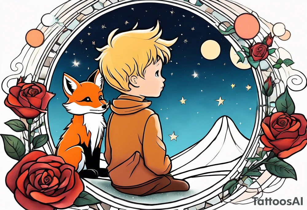 The Little prince sitting on his planet toghether with the fox on his planet besides his rose. Both are watching into the sky tattoo idea