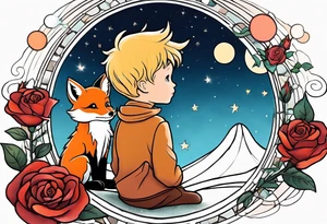 The Little prince sitting on his planet toghether with the fox on his planet besides his rose. Both are watching into the sky tattoo idea