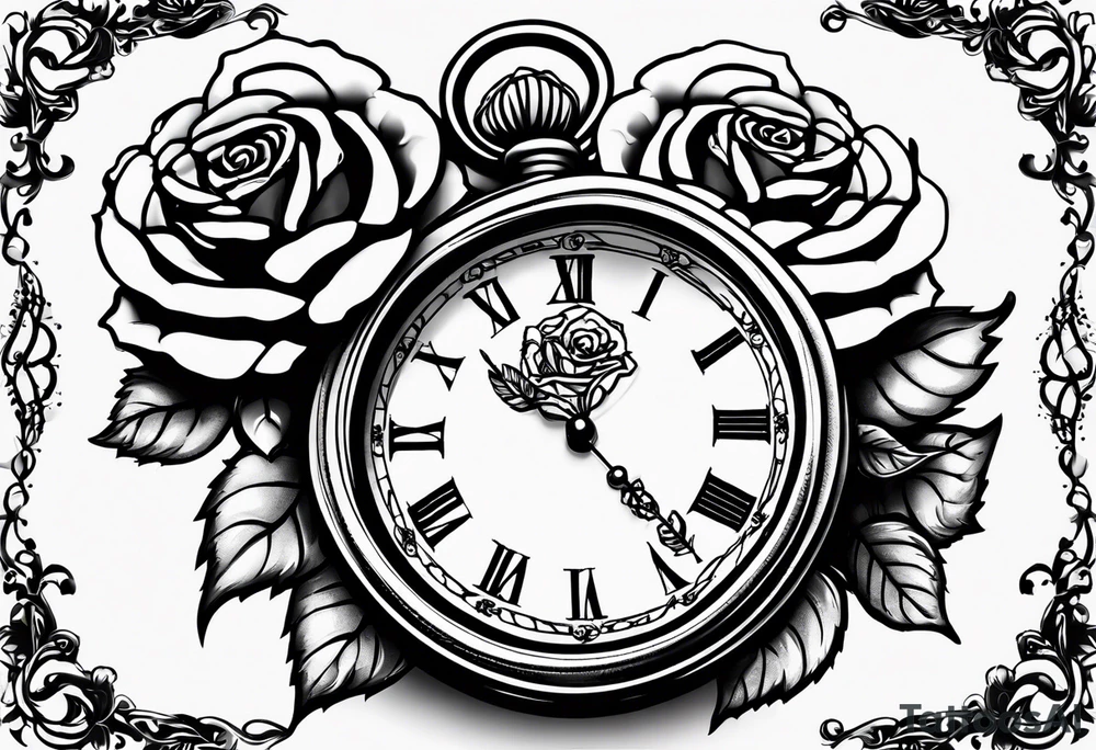 Pocket watch with chain and roses tattoo idea