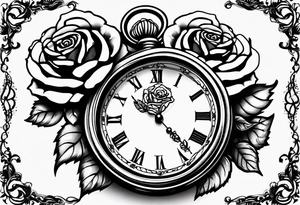 Pocket watch with chain and roses tattoo idea