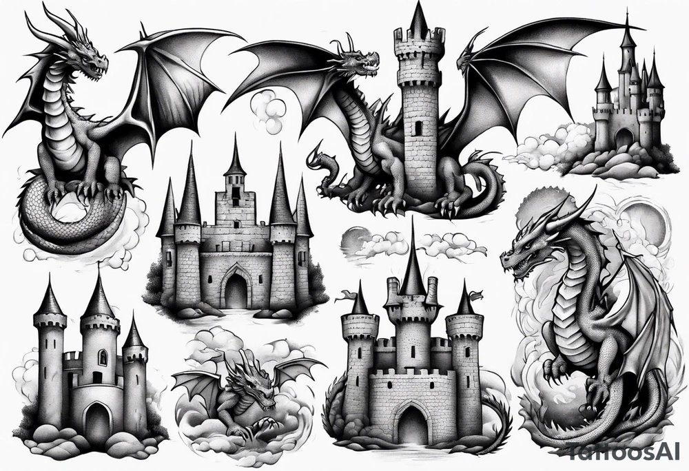 dragons protecting a castle tattoo idea