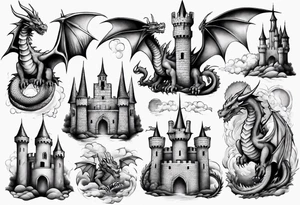 dragons protecting a castle tattoo idea