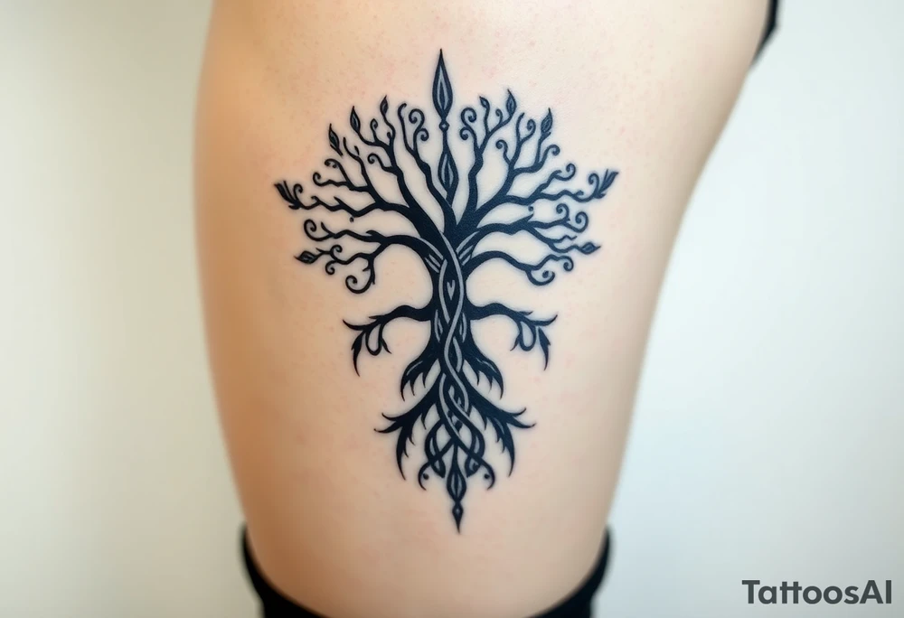 mystical tree of life with cosmic roots and celestial branches tattoo idea