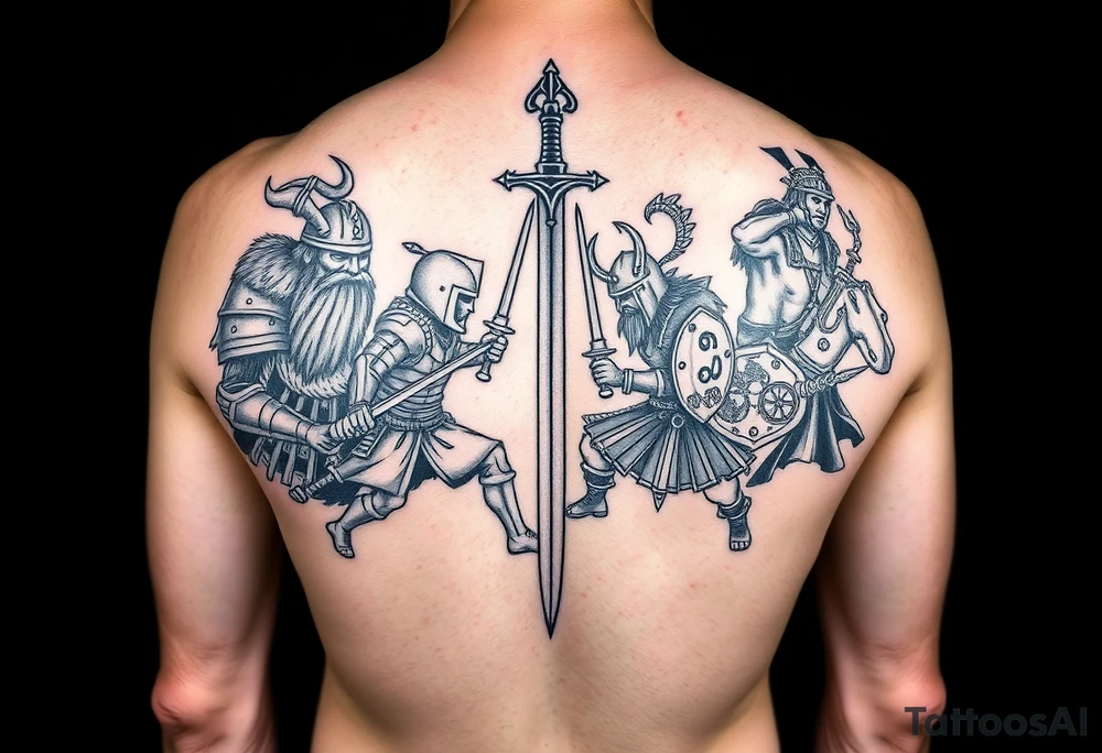 For a full back tattoo create the following battle seen- Viking vs Angus Kahn vs English knight vs Roman gladiator vs Japanese samurai. Note cation fighting and weapons against each other tattoo idea