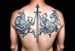 For a full back tattoo create the following battle seen- Viking vs Angus Kahn vs English knight vs Roman gladiator vs Japanese samurai. Note cation fighting and weapons against each other tattoo idea