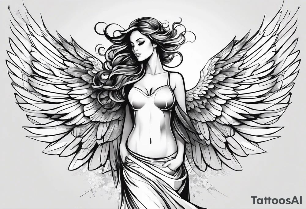 angel woman with big wings full body flying on the sky looking right side we can see right profile tattoo idea