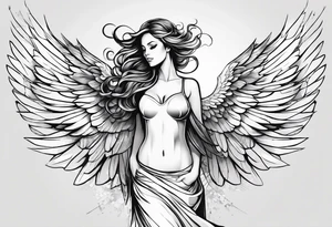 angel woman with big wings full body flying on the sky looking right side  we  can see right profile tattoo idea