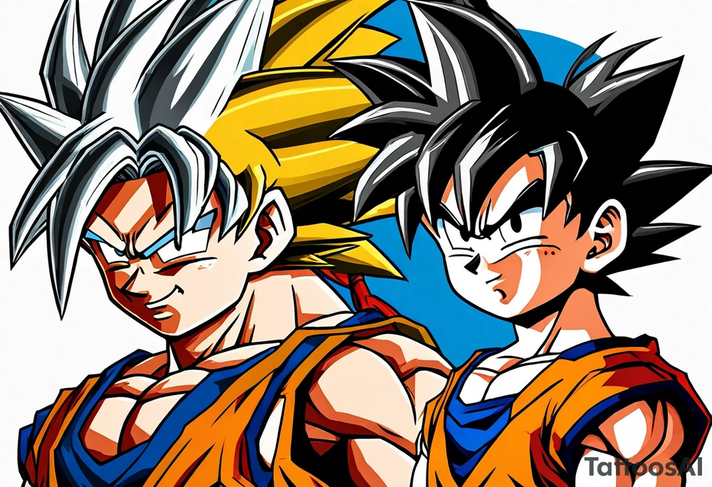 little Son-Goku in the foreground and an older version of him as a super sayin behind him tattoo idea