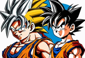 little Son-Goku in the foreground and an older version of him as a super sayin behind him tattoo idea