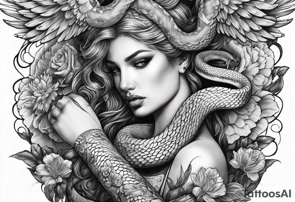 Arm sleeve with angels killing a snake. tattoo idea