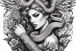Arm sleeve with angels killing a snake. tattoo idea