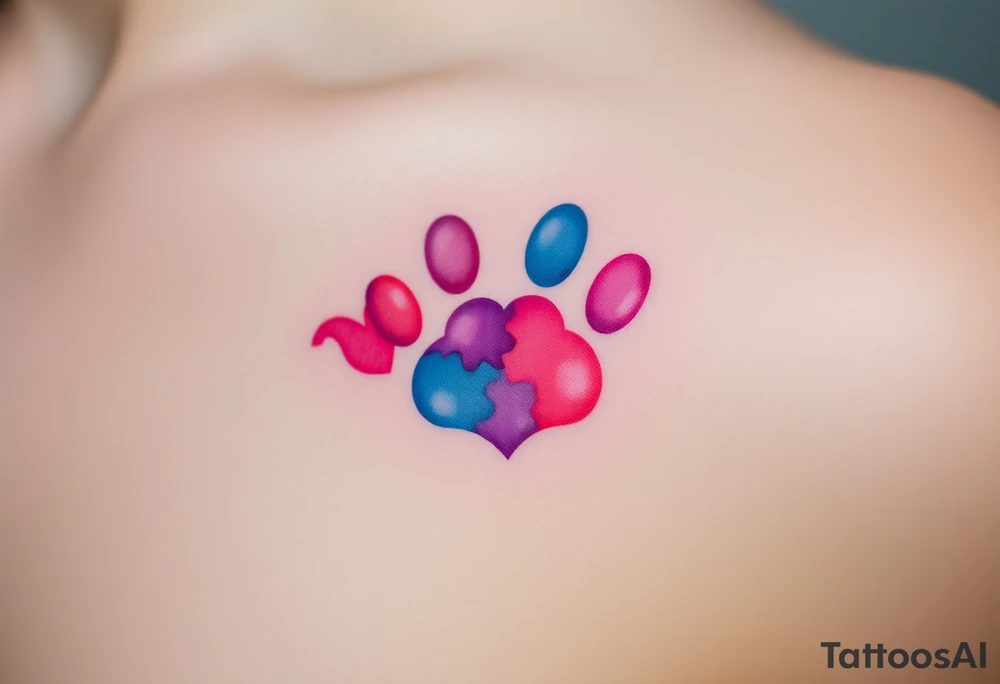 A watercolor-style paw print blending vibrant hues of pink, blue, and purple, creating the shape of a heart tattoo idea