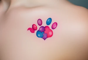 A watercolor-style paw print blending vibrant hues of pink, blue, and purple, creating the shape of a heart tattoo idea