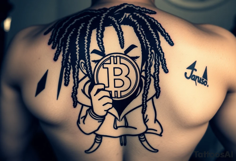 Create a tattoo stencil Use a street-art / pop-art vibe with a cartoon figure with dreadlocs holding a bitcoin to cover his eyes have bold lines, “x” for eyes. make them have on a hoodie and jogger sweatpants have in the background in graffiti letters “Jaruso” tattoo idea