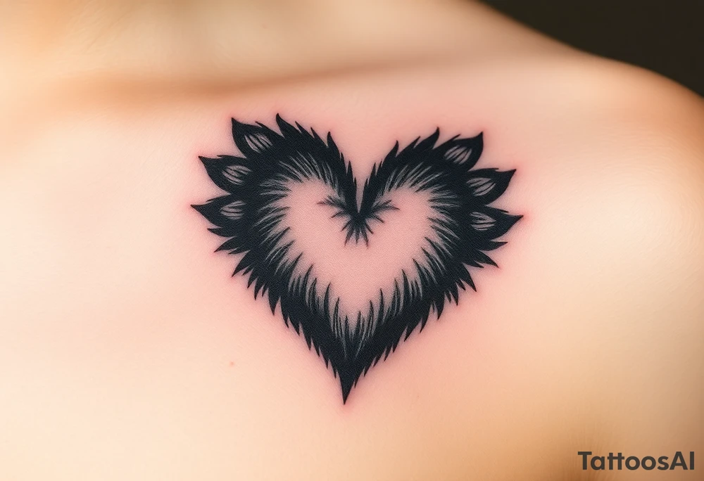 A black-and-gray shaded paw forming a heart, with sharp fur details and intense shading for a bold, mystical look tattoo idea