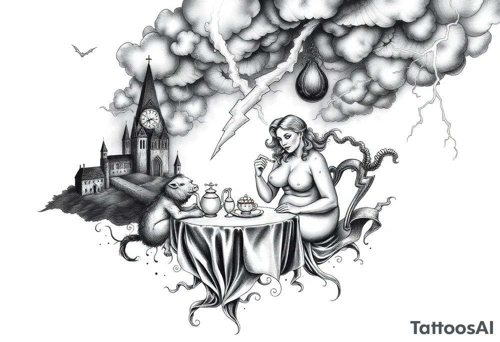 Storm lightening clouds gothic sexy naked fat lady having a tea party with tea pot and medieval castle
with a pig, peacock, noose, lion, goat, smoking cigerettes looking in the mirror having sex with a man naked eating a cake thru storm clouds with razor blades and broken hearts and darkness and wrath, envy , gluttony, greed, sloth, pride kill tattoo idea