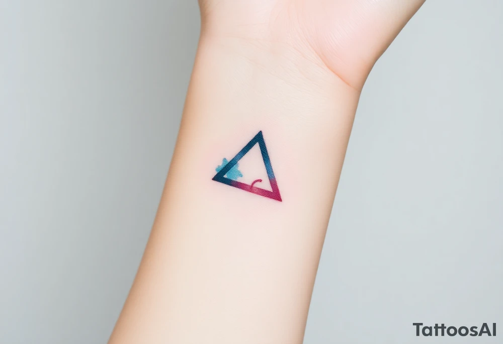 Design a very small (max 2x2 cm) tattoo for the inner wrist that subtly symbolizes lesbian identity. It should be minimal and delicate — possibly fine line or soft color. The design must be discreet yet meaningful, not instantly recognizable as LGBTQ but with layered symbolism. Think of subtle elements like intertwined female symbols, abstract sapphic references, or a hidden double meaning through nature (e.g. flowers, moons, triangles). Avoid clichés or bold pride imagery. Keep it elegant, wearable, and intimate. Something with a triangle tattoo idea