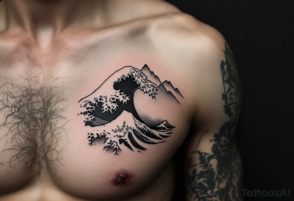 A fine-line black and gray wave flows into a mountain silhouette on the upper arm. tattoo idea