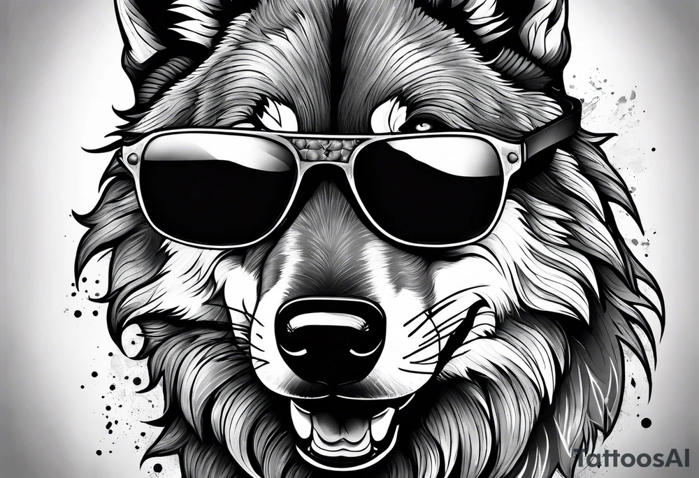 Badass wolf wearing sunglasses tattoo idea