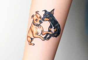 tan pitbull and black blue heeler dogs playing together tattoo idea