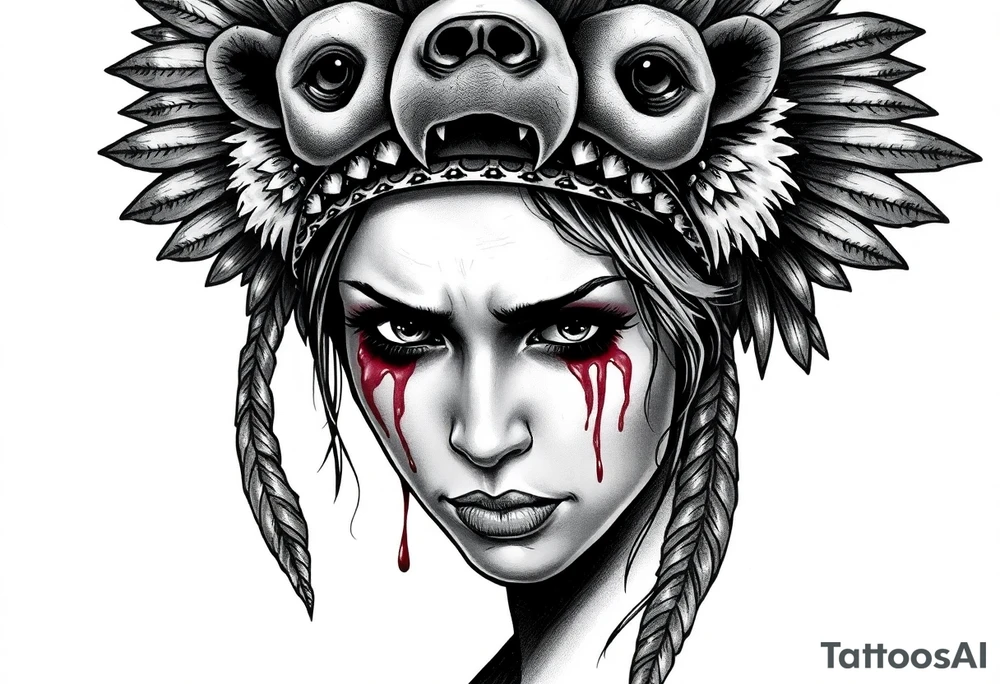 Beautiful Womans shedding a tear, with battle scars and blood on face, wearing a mean looking bear headdress on head tattoo idea