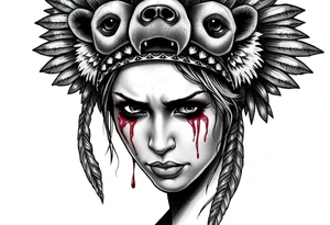 Beautiful Womans shedding a tear, with battle scars and blood on face, wearing a mean looking bear headdress on head tattoo idea