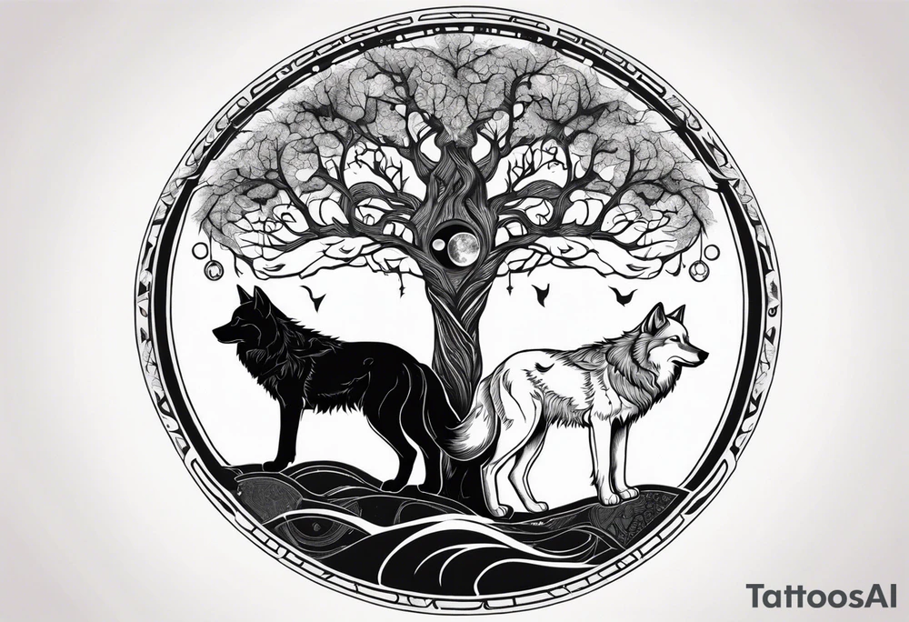 tree of life with wolves and the moon tattoo idea