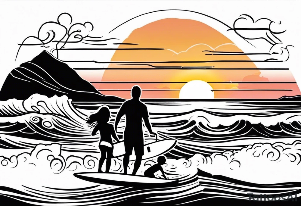 Black and white Line work tattoo depicting a father surfing with his two daughters.  The sunset and horizon have musical notes. tattoo idea