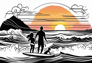 Black and white Line work tattoo depicting a father surfing with his two daughters.  The sunset and horizon have musical notes. tattoo idea
