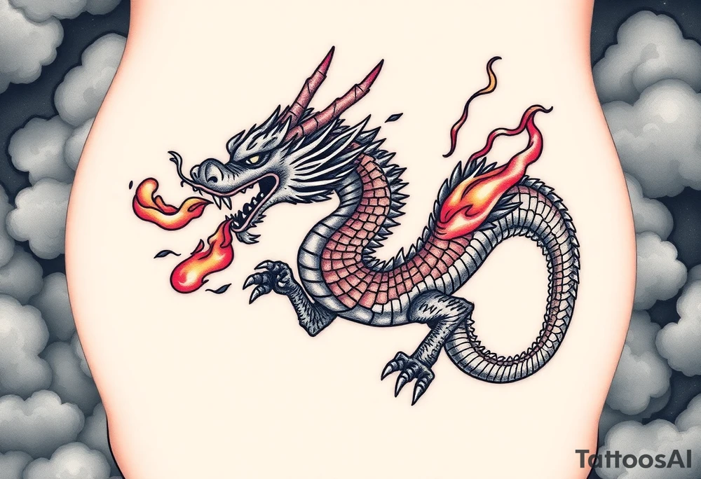 fierce dragon breathing iridescent fire against stormy skies tattoo idea