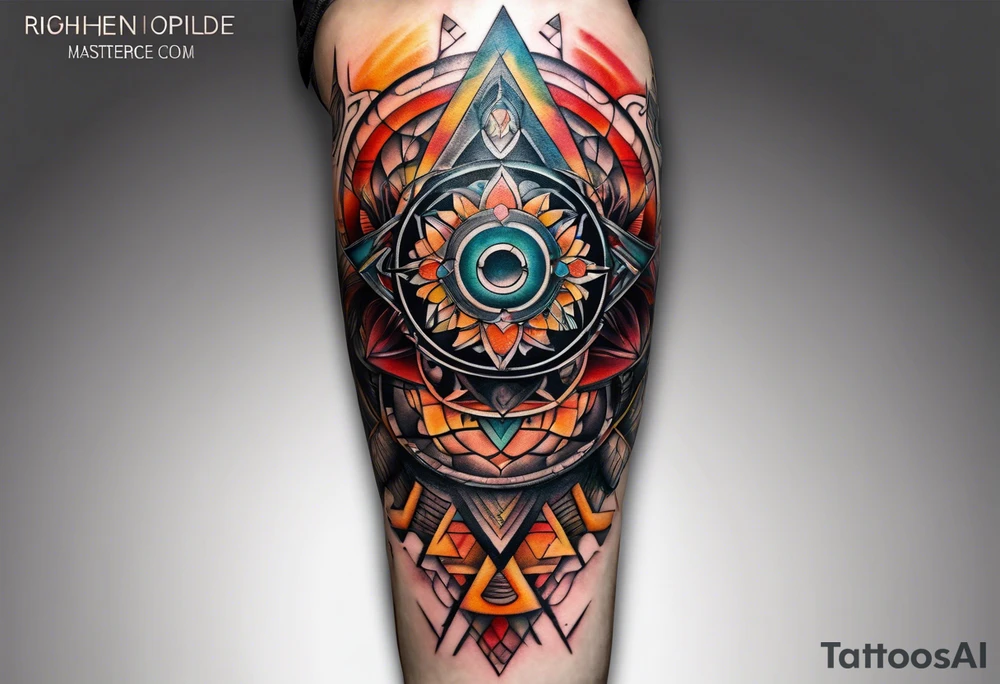 front knee tattoo with sacred geometry, swirls & washes, background and in fall colors tattoo idea