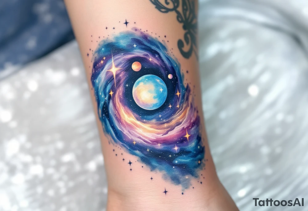 A galaxy scene with stars and planets swirling in deep blue and violet, evoking cosmic freedom. tattoo idea